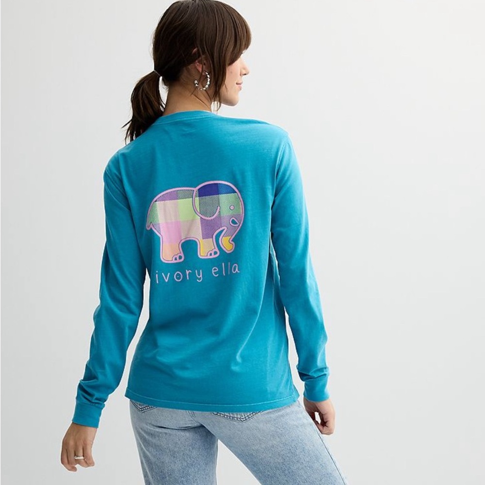 NWT Ivory Ella Juniors Teal Peacock Blue Long Sleeve T-Shirt Plaid Aurora XS‎